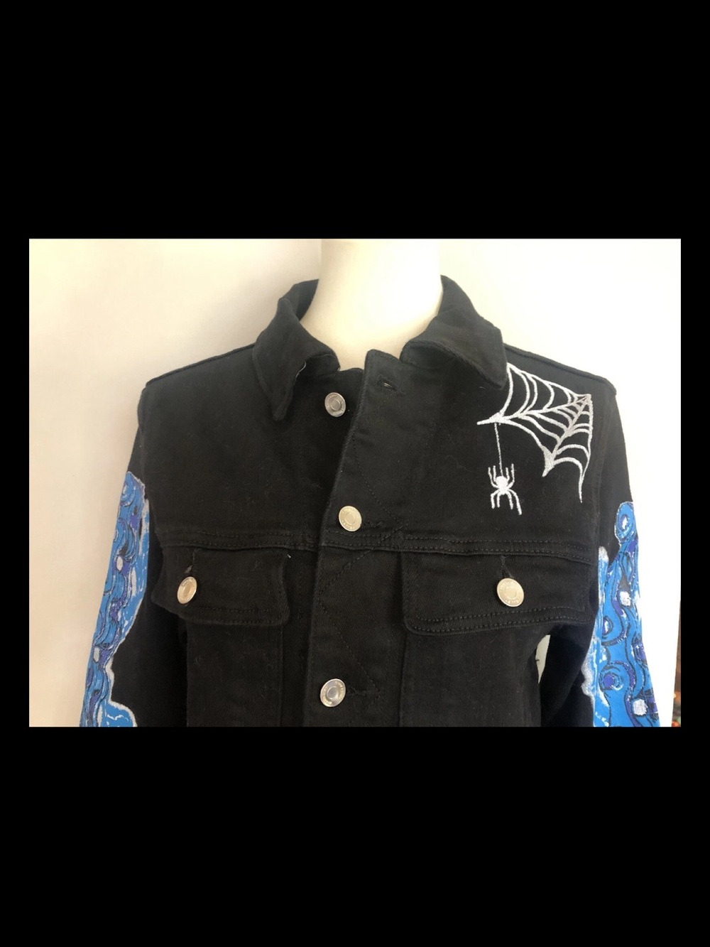 Black Embroidered Spider Web Bomber Jacket with Blue Panel Sleeves